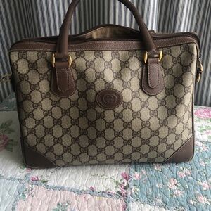 Gucci Beige and Brown GG Supreme Briefcase with Leather Trim